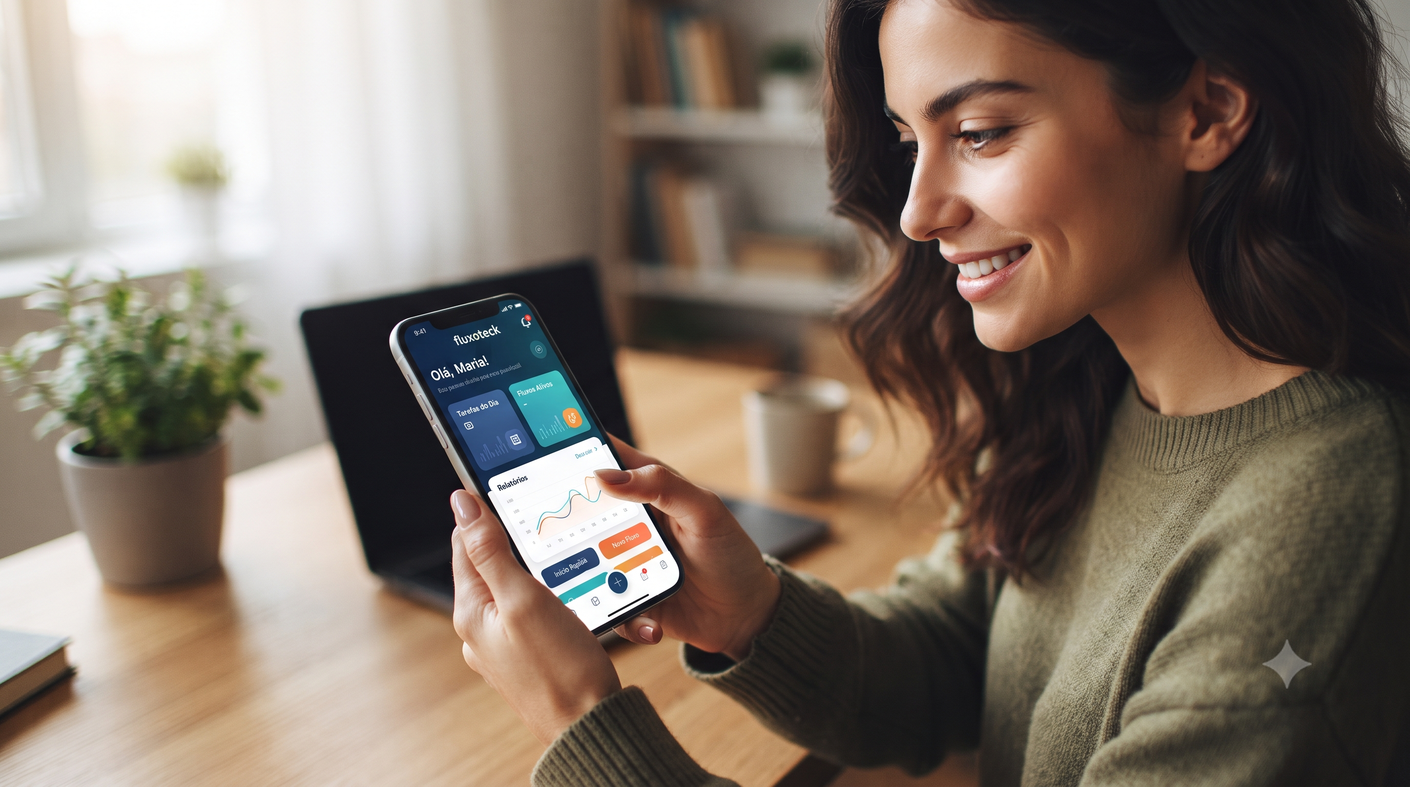 Mulher sorridente usando o aplicativo fluxoteca no celular, com dashboard mostrando tarefas do dia e relatórios
